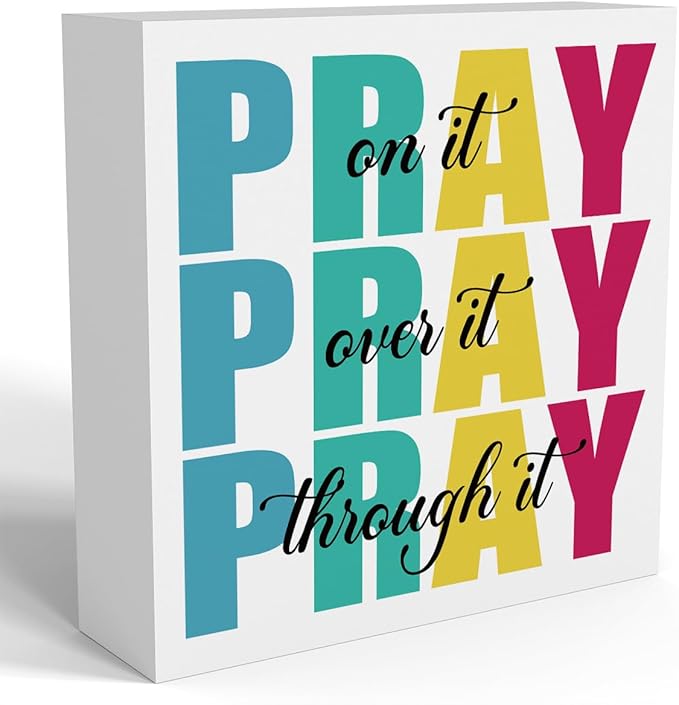 Office Decor for Women Christian Gifts Desk Bedroom Bible Verse Wall Art Inspirational Wooden Box - Pray on It Over It Through It-Ruum Studio Home