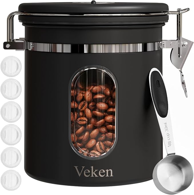 Veken Coffee Canister with Window, Airtight Stainless Steel Kitchen Food Storage Container with Lids, Date Tracker and Scoop for Grounds Coffee, Beans, Tea, Flour, Cereal, Sugar Jars, 16OZ, Black-Ruum Studio Home