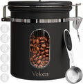 Veken Coffee Canister with Window, Airtight Stainless Steel Kitchen Food Storage Container with Lids, Date Tracker and Scoop for Grounds Coffee, Beans, Tea, Flour, Cereal, Sugar Jars, 16OZ, Black-Ruum Studio Home