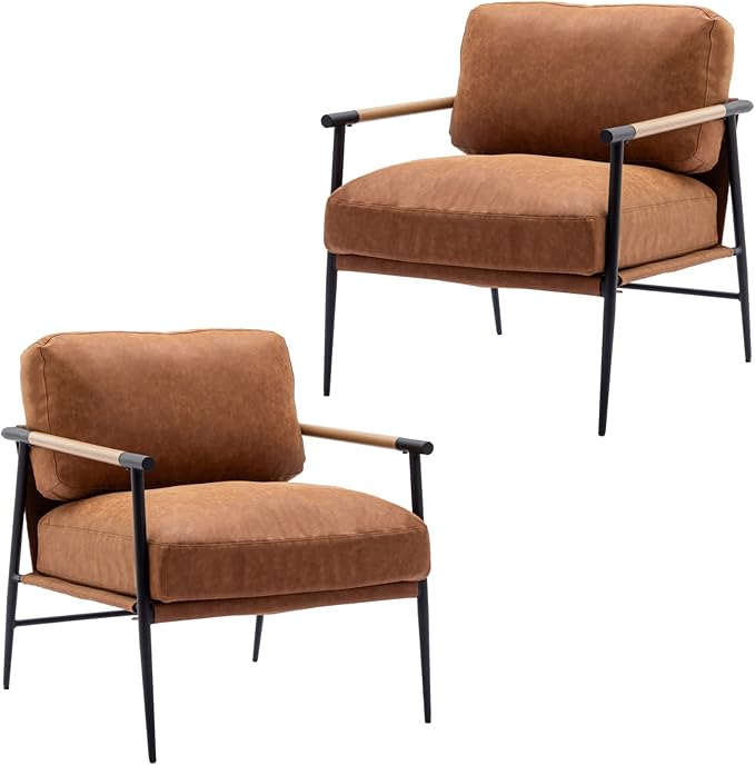 Mid-Century Accent Chair Set of 2, Soft Armchair PU Leather Lounge Chair with Black Metal Legs, Upholstered Leisure Chair for Living Room Bedroom Reception Room, Brown-Ruum Studio Home