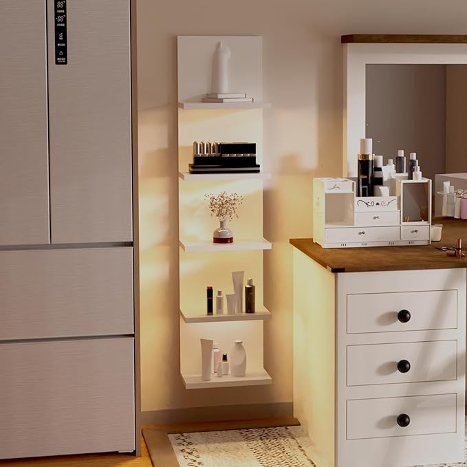 5 Tier Wall Shelf with Light, White Modern Vertical Lack Wall Shelves, Wall Mount, Floating Column Home Decor Shelves for Bedroom, Living Room, Vanity Storage Display-Ruum Studio Home