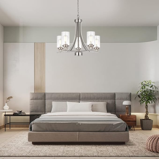 BONLICHT 5 Lights Traditional Chandelier Brushed Nickel Kitchen Island Dining Room Lighting Fixtures Hanging Seeded Glass Pendant Light Modern Flush Mount Ceiling Light for Living Room Bedroom Foyer-Ruum Studio Home