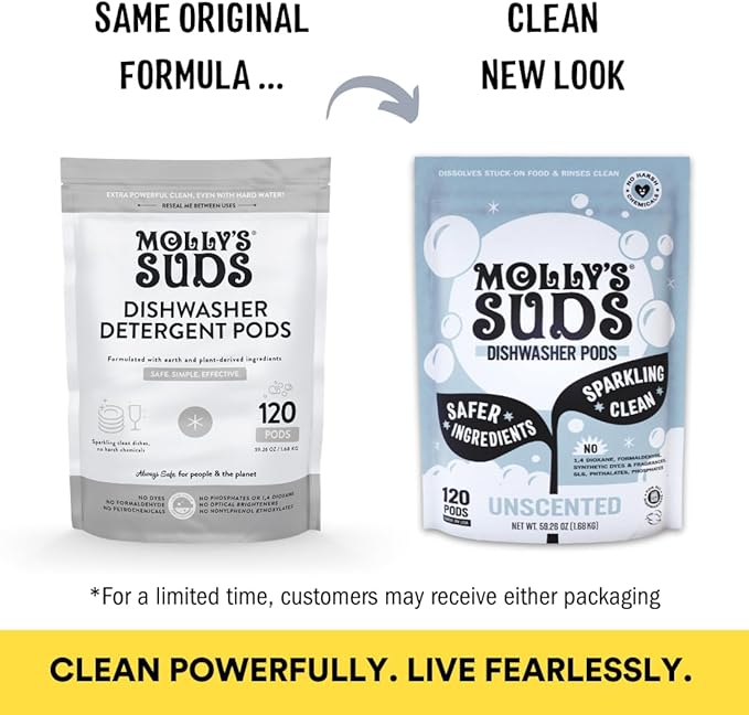 Molly's Suds Dishwasher Pods | Clean Dishwasher Detergent, Cuts Grease & Rinses Clean (Residue-Free) for Sparkling Dishes | 120 Auto-Release Tabs (Unscented)-Ruum Studio Home