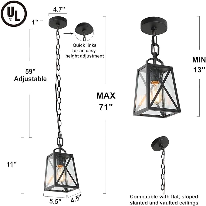 LOG BARN Outdoor Pendant Light Fixture, Farmhouse Exterior Lights, Anti-Rust Ceiling Outdoor Light with Seeded Glass, Lantern Hanging Light for Front Door, Entry, Porch, and Gazebo-Ruum Studio Home