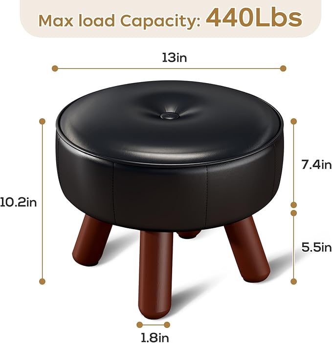 13in Small Foot Stool Ottoman, Round Faux Leather Foot Rest, Footstool Ottomans with Rubber Legs Under Desk, Footrest for Couch, Living Room, Bedroom, Office, 13''L x 13''W x 10.2''H, Black-Ruum Studio Home