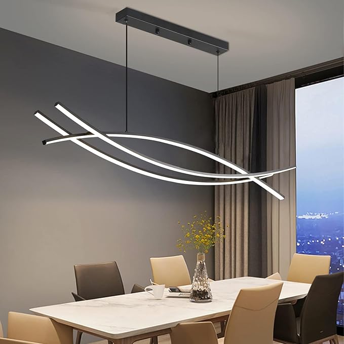 Modern Chandelier, Linear Pendant Light LED Dimmable Hanging Light Fixture, 3000K-6500K with Remote Control (Black, 47IN)-Ruum Studio Home
