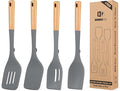 Pack of 4 Silicone Kitchen Utensils Set, Non Stick Solid Spatulas and Heat Resistant Slotted Spoons with Wooden Handle, Ideal BPA Free Cooking Utensils for Mixing,Serving,Turning,Stirring(GRAY)-Ruum Studio Home