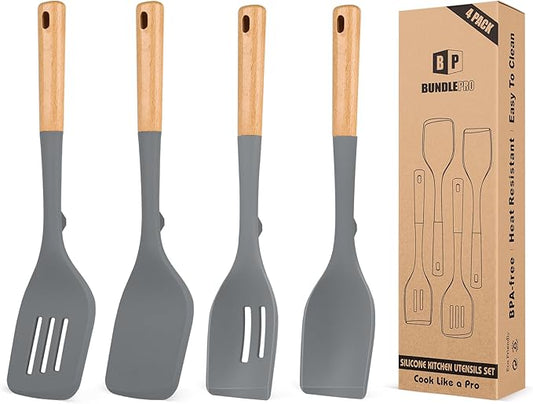 Pack of 4 Silicone Kitchen Utensils Set, Non Stick Solid Spatulas and Heat Resistant Slotted Spoons with Wooden Handle, Ideal BPA Free Cooking Utensils for Mixing,Serving,Turning,Stirring(GRAY)-Ruum Studio Home