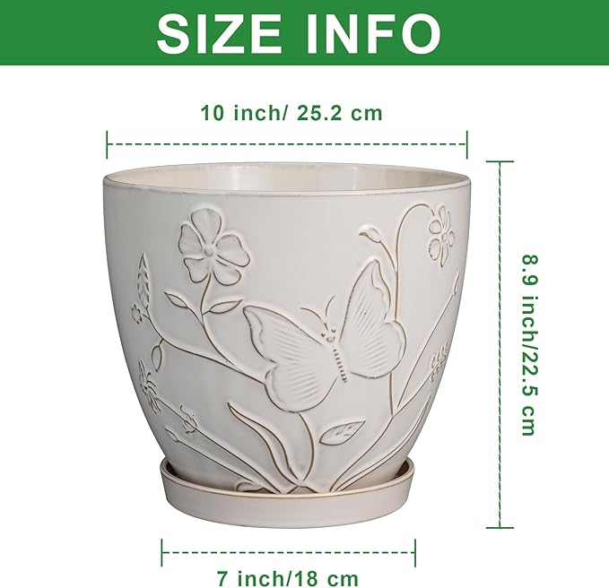 10 Inch Plant Pot Ceramic Planter Pot with Drainage Hole and Saucer Round Planter Large Flower Pot for Indoor Outdoor Plants Home Garden Decor White-Ruum Studio Home