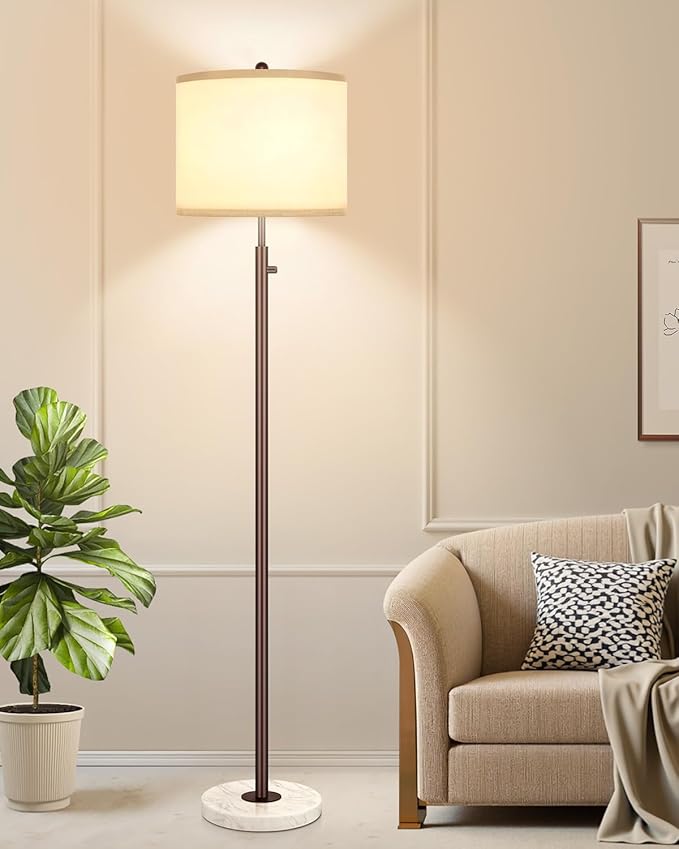 Nintiue 【Upgraded】 Dimmable Floor Lamp for Living Room, 11W LED Bulb Included, Modern Standing Lamp with Marble Base, Tall Pole Light with Linen Shade for Bedroom Reading Office Corner Nursery-Brown-Ruum Studio Home