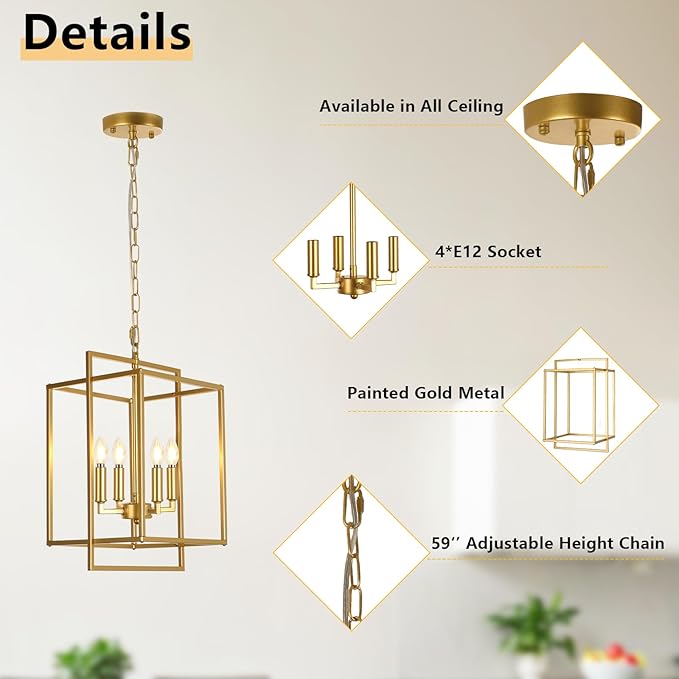 Farmhouse Gold Chandelier, 4-Light Vintage Chandeliers for Dining Room, Adjustable Modern Rustic Metal Hanging Pendant Light Fixture for Entryway Foyer Kitchen Island Hallway-Ruum Studio Home