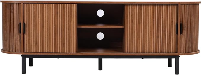 62" Tambour Door TV Stand,Wood Mid Century Modern TV Cabinet for Up to 70“ TV,Curved Edge Long TV Stand with Storage for Bedroom Living Room(Walnut, 62.2inch)-Ruum Studio Home