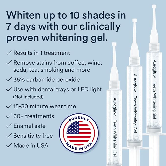Auraglow 35% Teeth Whitening Gel Syringe Refill Pack, 35% Carbamide Peroxide, 30 Whitening Treatments, (3) 5mL Whitening Gel Syringes, Sensitive Teeth Whitening-Ruum Studio Home