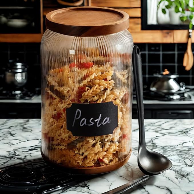 SAIOOL 2-Pack Striped Borosilicate Glass Airtight Canisters - Big mouth Large Capacity, Acacia Wood Lid, Food Storage Jars for Flour, Pasta, Pantry Organization (1 Gallon （2 Striped pack）)-Ruum Studio Home