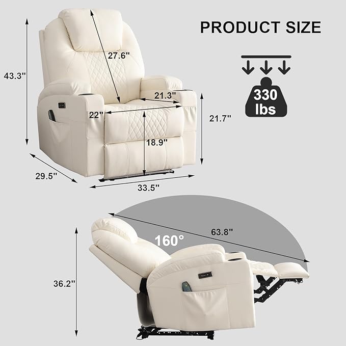 Power Recliner Chair with Heat and Massage, PU Leather Home Theater Seating with LED Lights/Cup Holders/Side Pocket/USB Port, Reclining Sofa Chair for Living Room (1, Beige)-Ruum Studio Home