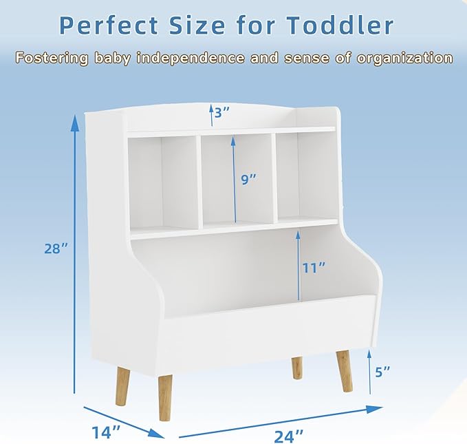 Kids Bookshelf and Toy Storage, 4-Cubby Toy Storage Organizer with Bookcase, Wood Kid Storage Cubby, 24"L x 14"D x 28"H Montessori Toy Shelf, Toddler Book Shelf for Kids Room Nursery Playroom-Ruum Studio Home