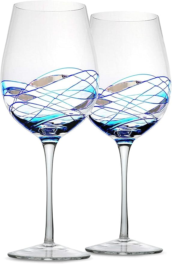 Bezrat Wine Glasses Hand Painted - Set of 2 - Women Wine Gift - Wine Lover Glass - Beautiful Glassware Gifts Ideas for Women Inspired by 'Duomo di Milano' Mothers Day - 12 oz (Blue)-Ruum Studio Home