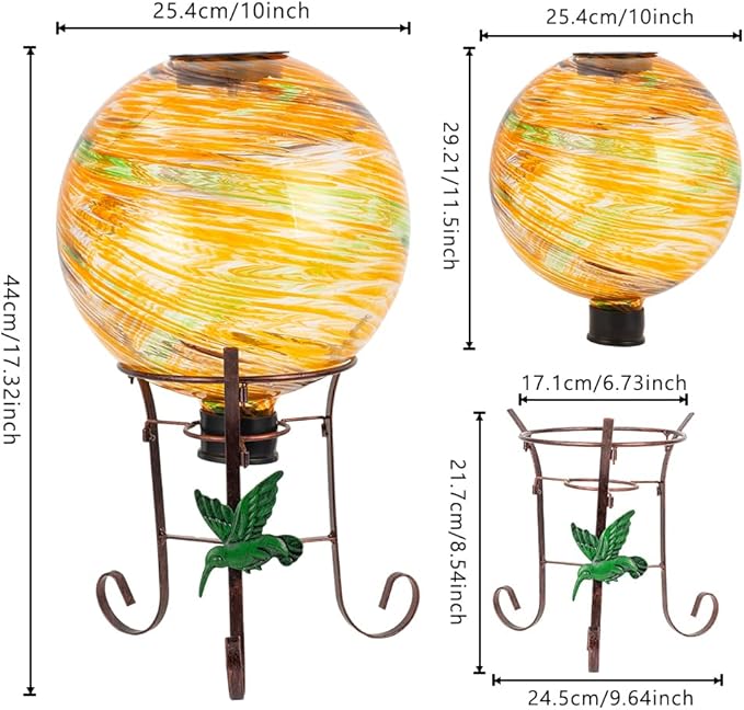 10" Diameter Solar Gazing Ball and 8.5" Metal Stand Indoor Outdoor Garden Ornament Glass Globe Sphere Yard Art Gazing Globe for Garden,Home,Lawn,Porch,Patio Birthday Gift for Women(Orange)-Ruum Studio Home