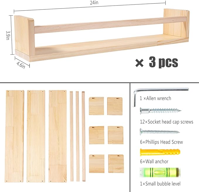 AZSKY Nursery Book Shelves 24 Inch Rustic Natural Wood Floating Shelves,Wall Book Shelves for Farmhouse,Bathroom Décor,Kitchen Spice Rack or Book Shelf Organizer for Home Décor,a Set of 3 Same Sizes-Ruum Studio Home