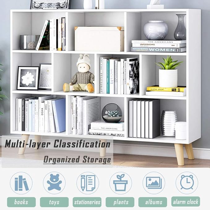 IOTXY Wooden Open Shelf Bookcase - 3-Tier Floor Standing Display Cabinet Rack with Legs, 10 Cubes Bookshelf, Warm White-Ruum Studio Home