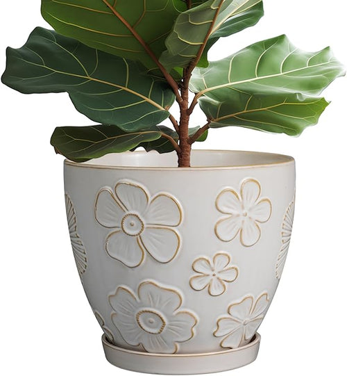 10 Inch Ceramic Planter Pot Large Plant Pot for Indoor Plants Outdoor Round Flower Pot with Drainage Hole and Saucer for Home Garden Decor White-Ruum Studio Home