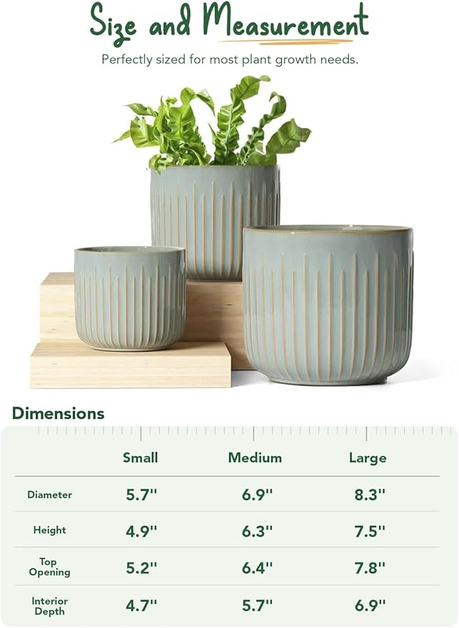 LE TAUCI Fluted Ceramic Planters Set of 3 – 8.3/7 / 5.7 in Blue Gray Reactive Cylinder Indoor Plant Pots with Drainage Plug & Mesh, Glossy Stoneware Flower Pots for Succulents Herbs-Ruum Studio Home