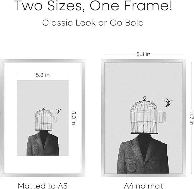 Homeforia A4 Picture Frame Silver, High End Metal 8.3 x 11.7 inch Silver Poster Frames with Mat 5.8 by 8.3 Art, A4 Frames Matted to A5 Photo, 8.3x11.7 Wall or Tabletop Frames, Tempered Glass, Set of 1-Ruum Studio Home