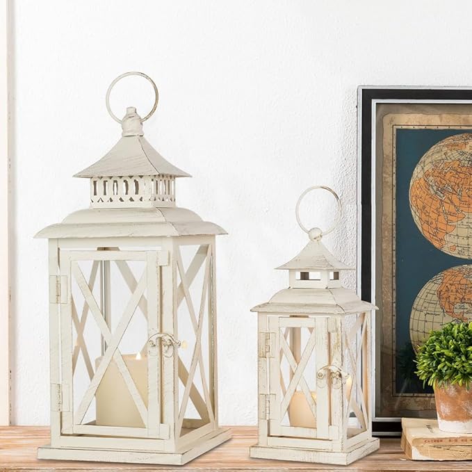 Lanterns Decorative Outdoor&Indoor, Set of 2 (14"&10") Beige Metal Lantern Decor with Glass, Candle Holder for Porch, Patio, Garden, Balcony, Wedding, Table Centerpiece-Ruum Studio Home