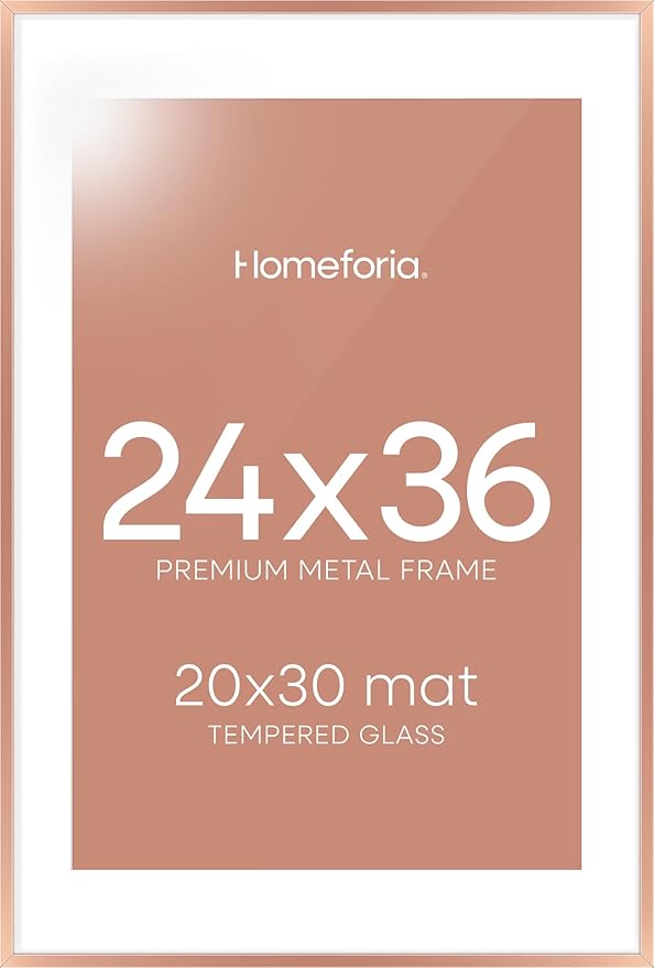 Homeforia 24 x 36 Poster Frame Rose Gold, Premium 24x36 Puzzle Frame Metal Matted to 20x30 Photo, 36 x 24 Picture Frame with Mat for 20 x 30 Photo, Tempered Glass, Wall Hook Included, Set of 1-Ruum Studio Home
