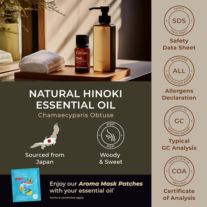 Gya Labs Hinoki Essential Oil for Diffuser & Skin - 0.34 Fl Oz - 100% Pure Natural Hinoki Oil for Hair, Massage, Aromatherapy Spray & Candle Making Scent-Ruum Studio Home