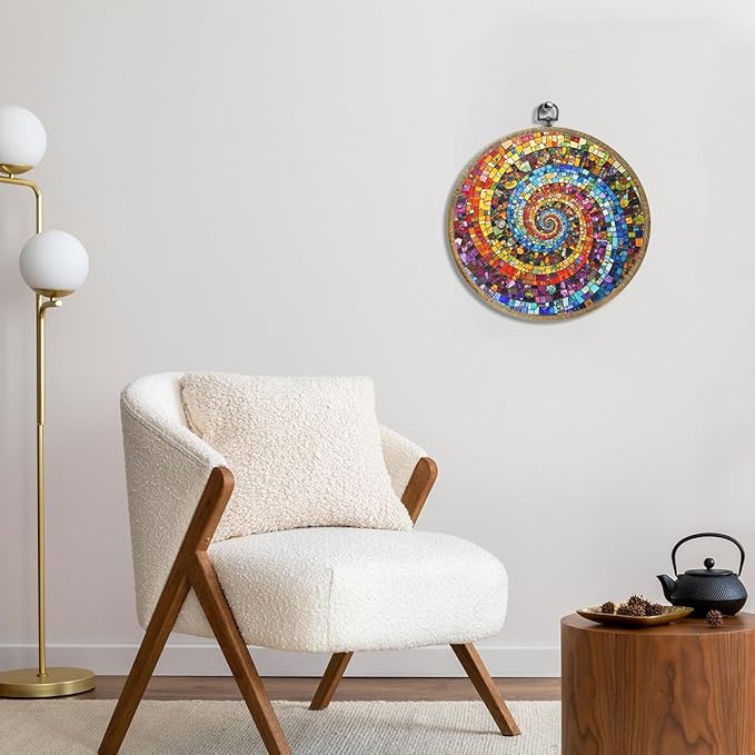 Colorful Glass Style Colorful Geometric Decoration Gift for Art Lovers Framed Round Wall Decor Canvas Wall Art Hanging Prints Artwork for Home Nursery Bedroom Living Room Decorations 10.2X10.2 Inch-Ruum Studio Home