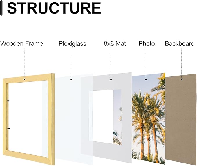 Vittanly 12x12 Picture Frames Set of 9, Shatter Resistant Plexiglass, Display 8x8 Pictures with Mat or 12x12 without Mat, Photo Frames for Wall Mount, Engineered Wood, Gold-Ruum Studio Home