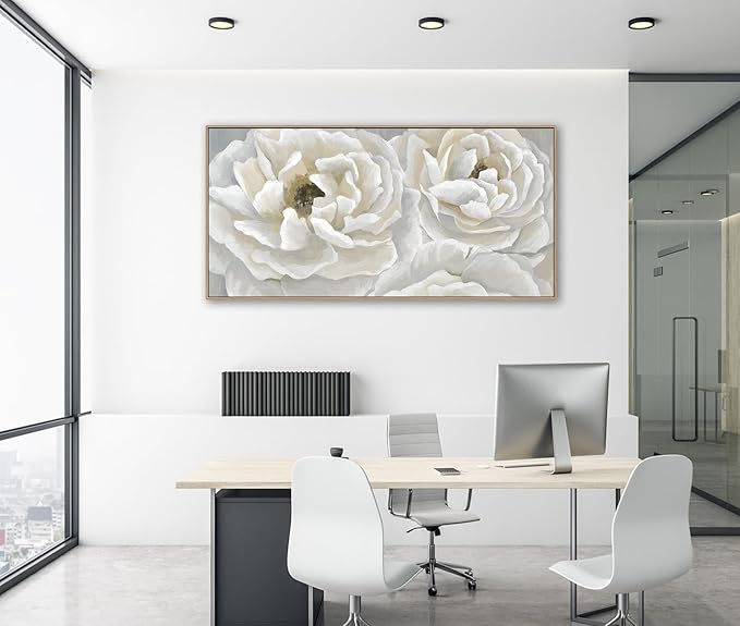arteWOODS Cream White Flowers Framed Wall Art - Soft Peony Pictures for Wall Decor Elegant Blossom Flower Painting Artwork Botanical Prints for Living Room Home Office Wall Decoration 24" x 48"-Ruum Studio Home