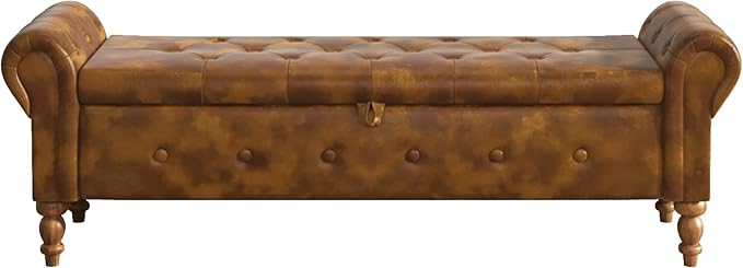 Storage Ottoman Bench for Bedroom, 52" Leather End of Bed with Rolled Arms, Upholstered Ottoman Fit for Living Room, Entryway, Faux Leather Brown-Ruum Studio Home