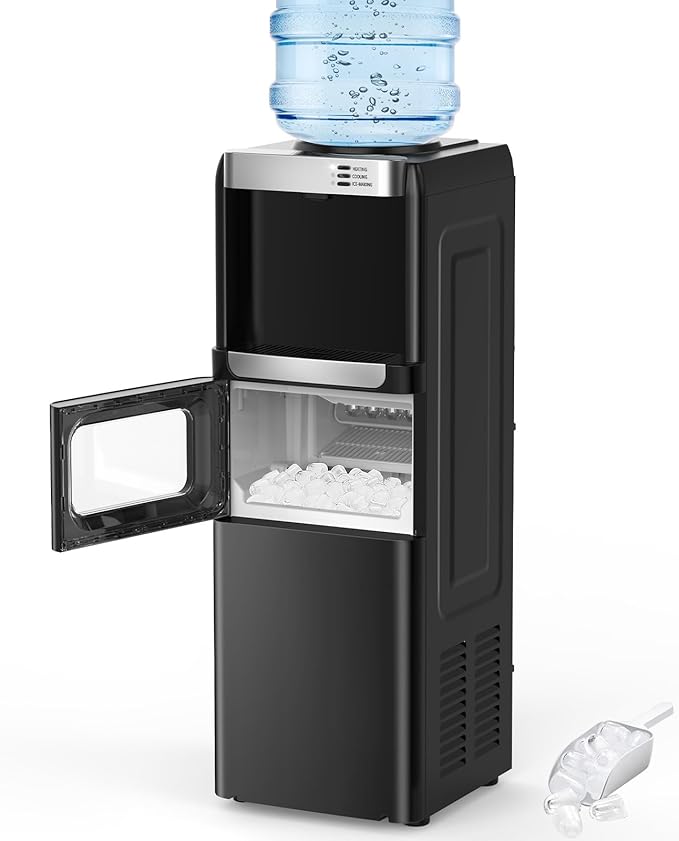 COWSAR 3-in-1 Water Cooler with Ice Maker, Hot & Cold Top Loading, Water Dispenser for 5 Gallon Bottle, 33LBS/24H Ice Maker with Child Safety Lock, Black-Ruum Studio Home