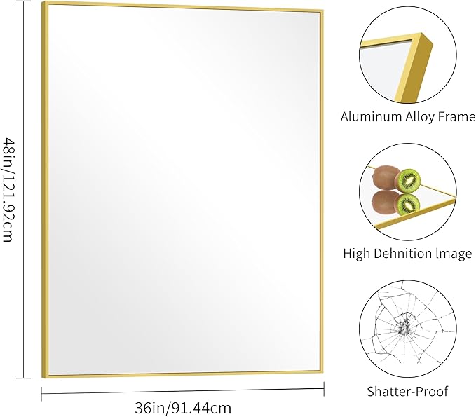 36x48inch Bathroom Mirror, Gold Rectangle Mirror with Thin Metal Frame, Large Rectangular Wall Mirrors for Bathroom, Living Room, Hair Salon, Big Farmhouse Mirror Hang Horizontal/Vertical-Ruum Studio Home