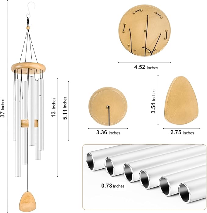 Large Aluminium Wind Chimes 37 Inches to Create a Zen Atmosphere Suitable for Outdoor, Garden, Patio Decoration. Classic Wind Chimes with Wind Catcher Suitable as A Gift for Unisex(White)-Ruum Studio Home