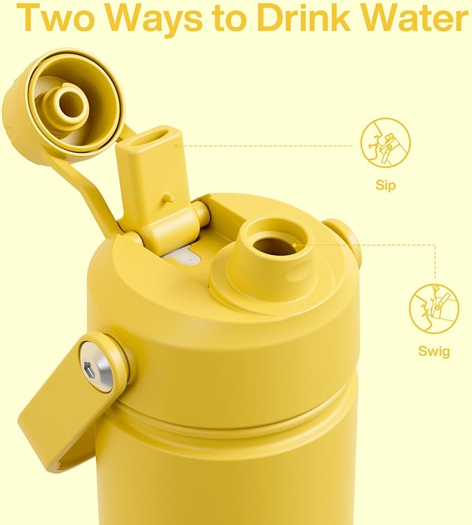 Kids Insualated Water Bottle with Straw - 12oz Stainless Steel Water Bottle with Dual Spouts, Leak-Proof, BPA-Free, Double Wall Vacuum Keeps Cold for 24 Hours for Sports, Travel, School (Elfin Yellow)-Ruum Studio Home