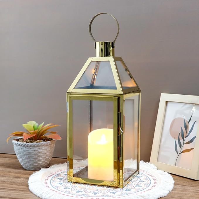 JHY Design Gold Decorative Lanterns 16" H Stainless Steel Candle Lanterns with Tempered Glass for Indoor Outdoor Events Parities and Weddings-Ruum Studio Home