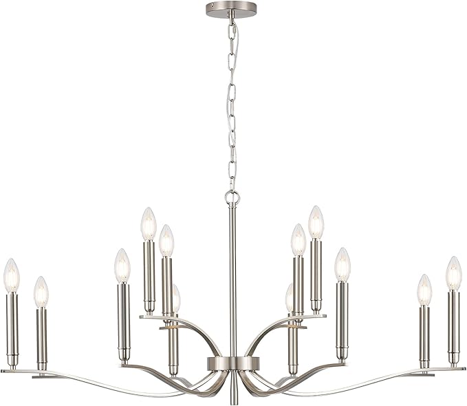 12 Light Nickel Living Room Chandelier High Ceiling Foyer Candle Chandelier Large Modern 44in Metal Chandeliers Hanging Light for Master Bedroom Dining Room Light Fixture Over Table-Ruum Studio Home