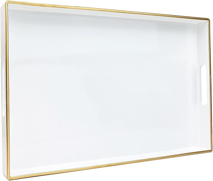 Spsyrine White Decorative Serving Tray with Handles, Elegant Plastic Coffee Table Tray for Ottoman, Living Room, Home Decor 15.6" X 10.2"-Ruum Studio Home