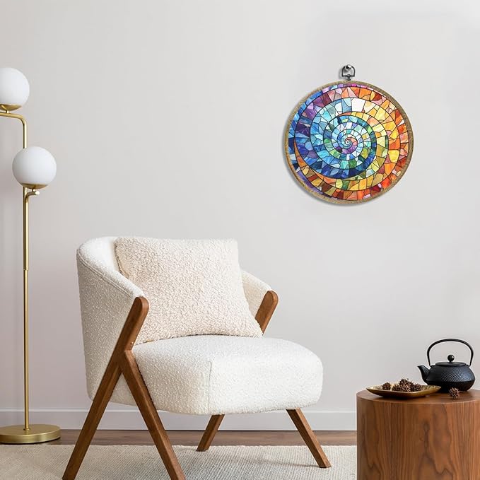Colorful Boho Rainbow Geometric Spiral Sun Art Gift Framed Round Wall Decor Canvas Wall Art Hanging Prints Artwork for Home Office Porch Nursery Bedroom Living Room Decorations 10.2X10.2 Inch-Ruum Studio Home