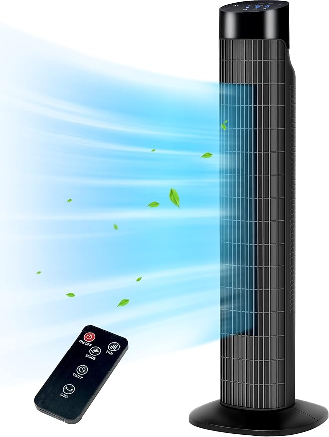 Uthfy 31 Inch Tower Fan for Bedroom, 120° Oscillating Quiet Standing Bladeless Fan With Remote, 7.5H Timer, 3 Speeds, 3 Modes, for Room, Dorm, Office, Black-Ruum Studio Home