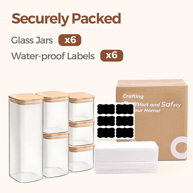 ComSaf Food Storage Containers with Airtight Lids Set of 6, Clear Glass Canister Food Jar with Sealing Lid Kitchen Pantry Storage Container for Spaghetti Pasta Sugar Flour Oat Cereal Beans, Square-Ruum Studio Home