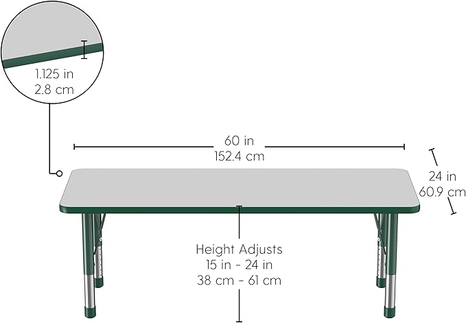 Factory Direct Partners FDP Rectangle Activity School and Classroom Kids Table (24 x 60 inch), Chunky Toddler Legs, Adjustable Height 15-24 inches - Gray Top and Green Edge-Ruum Studio Home