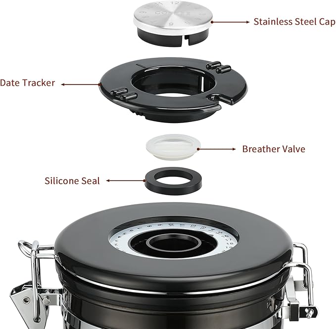 malmo Coffee Canister, Airtight Coffee Container with Date Tracker Lid, Stainless Steel Canister for Kitchen Food Storage (Black-Copper, 22oz)-Ruum Studio Home