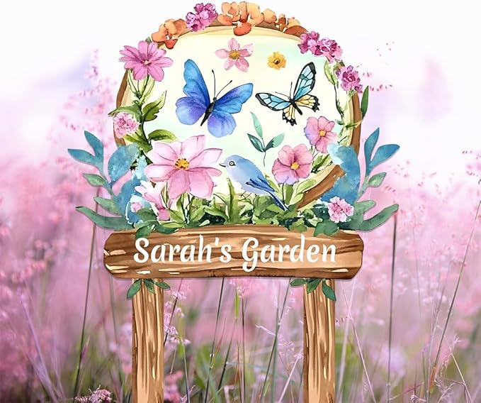 Personalized Watercolor Garden Metal Sign with Stake,Custom Gardener Last Name Signs Outdoor Decor,Customized Birds Gardening Gifts for Mom,Butterfly Flowers Plaques for Patio Lawn Porch Yard Garage-Ruum Studio Home