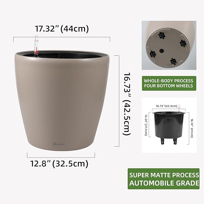 Dexceder 18x17 Self Watering Planter with Wheels Indoor Outdoor, Inner Pot Design, Thickened Large Floor Standing Flower Plant Pot with Water Level Indicator (Taupe Matte)-Ruum Studio Home