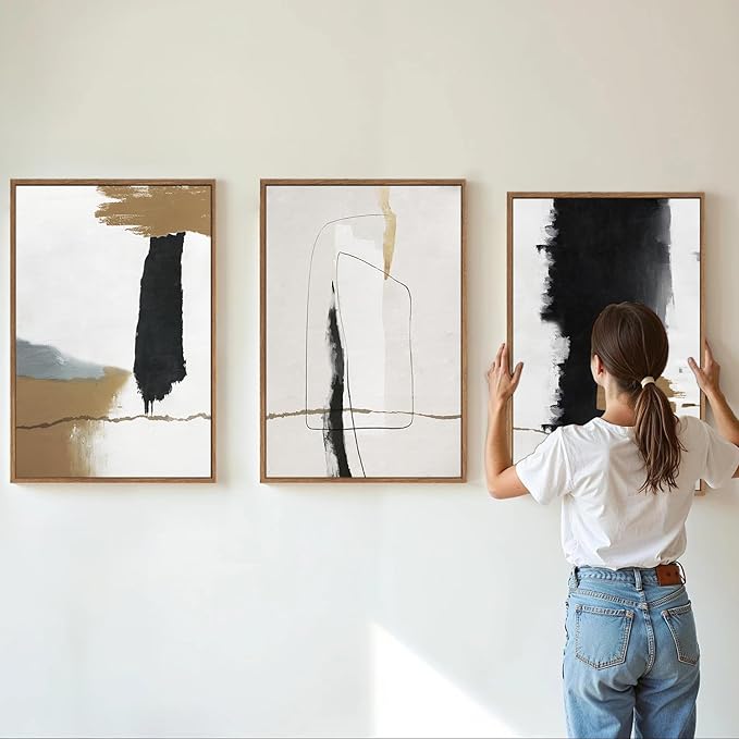SIGNINART Black and White Abstract Framed Canvas Wall Art Set of 3, Beige Neutral Art Prints, Minimalist Modern Wall Decor for Living Room, Bedroom, Office,Above Couch 16"x24"x3-Ruum Studio Home