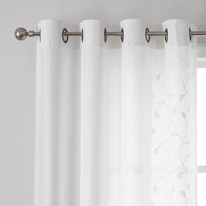 MIUCO Light Filtering Faux Linen Curtains - 63 Inch Length for Bedroom & Living Room, Pure White Floral Embroidered Solid Mix and Match, Semi Sheer Grommet Farmhouse Drapes, 2 Panels Set-Ruum Studio Home